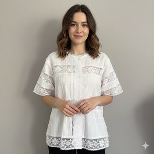 Vintage White Lace Trim Short Sleeve Tunic Blouse - Large